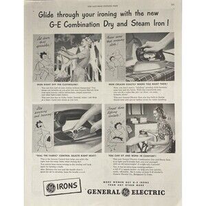General Electric Combination Dry & Steam Iron "Glide Thru Ironing" Print Ad 1948